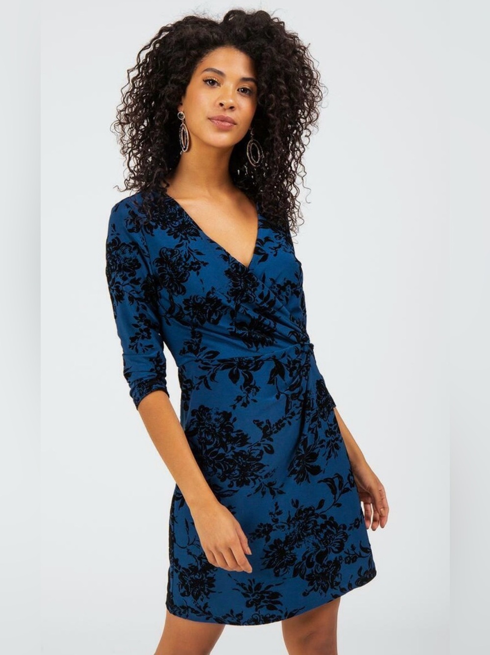 Francesca Alya Women’s Blue Black Velvet Floral Faux Wrap Mini Dress 3/4 Sleeve
